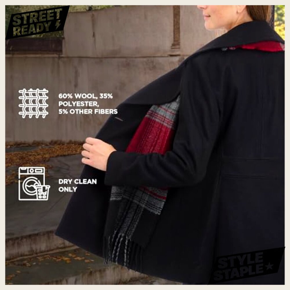 Double Breasted Peacoat with Scarf, Wool Blend, Long Sleeve, Formal Wear - Picture 6 of 6